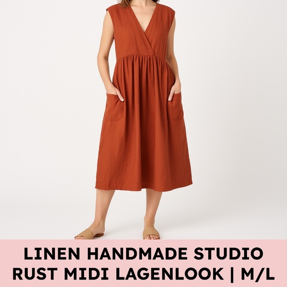 Linen Handmade Studio Linen Rust Midi Dress Pockets Cottagecore Lagenlook M/L - Picture 1 of 7